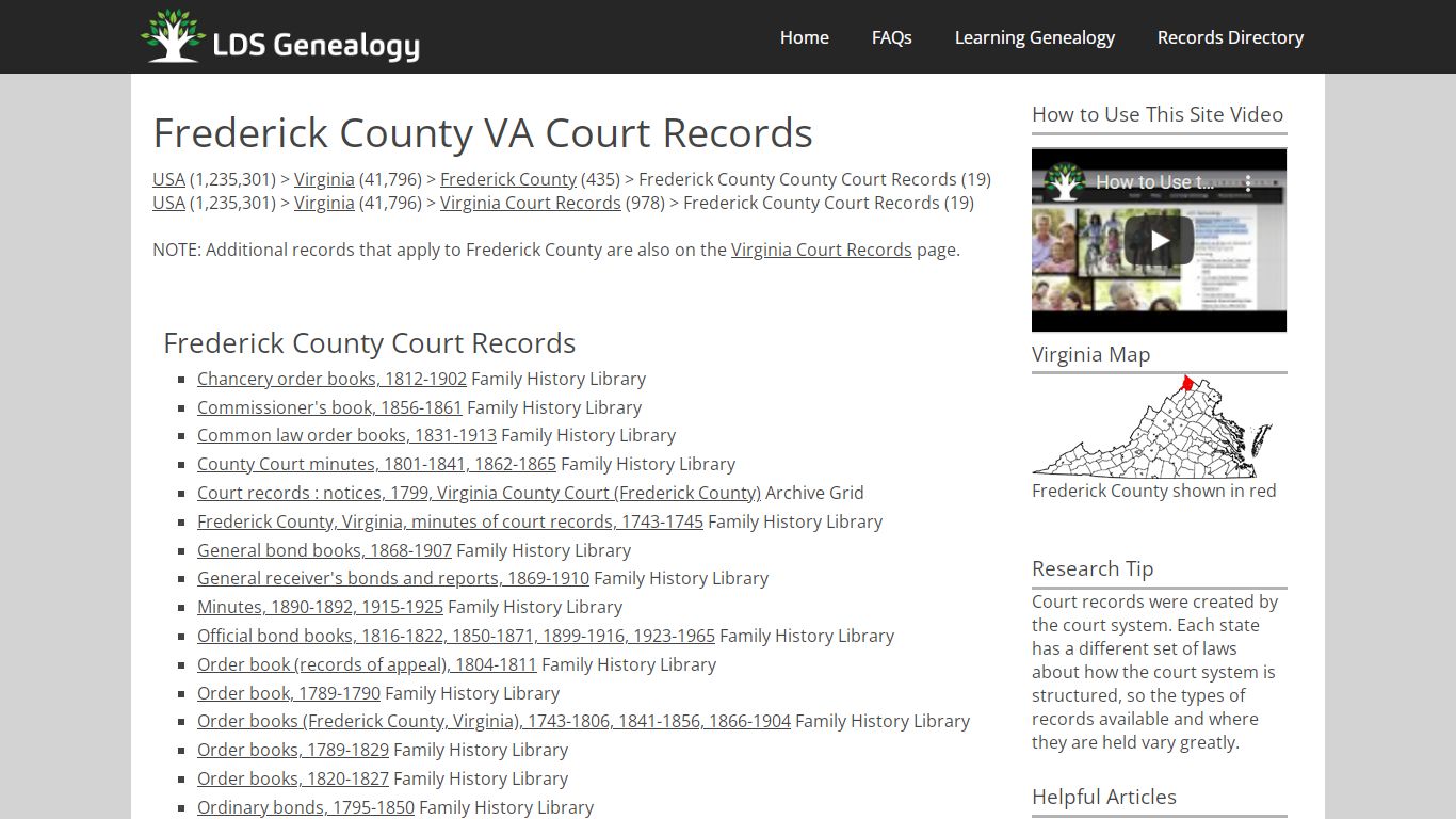 Frederick County VA Court Records - LDS Genealogy